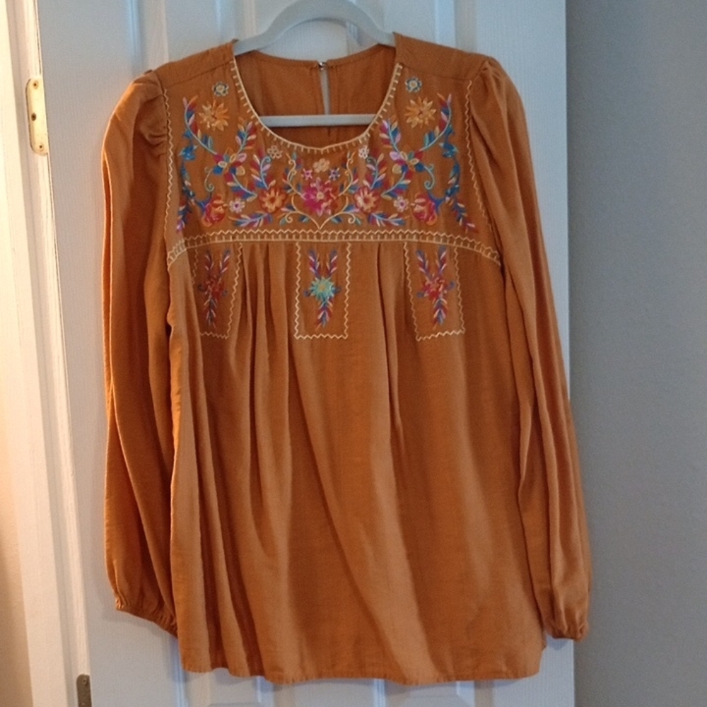 🌼 Embroidered Rich Orange Boho Blouse – Size XL – Floral Peasant Top